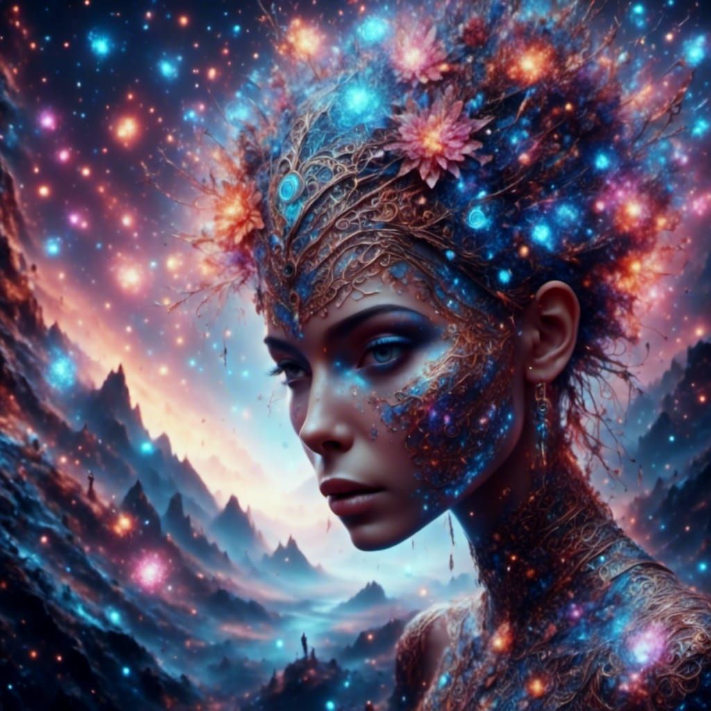 Celestial Woman Formed from Colorful Constellations