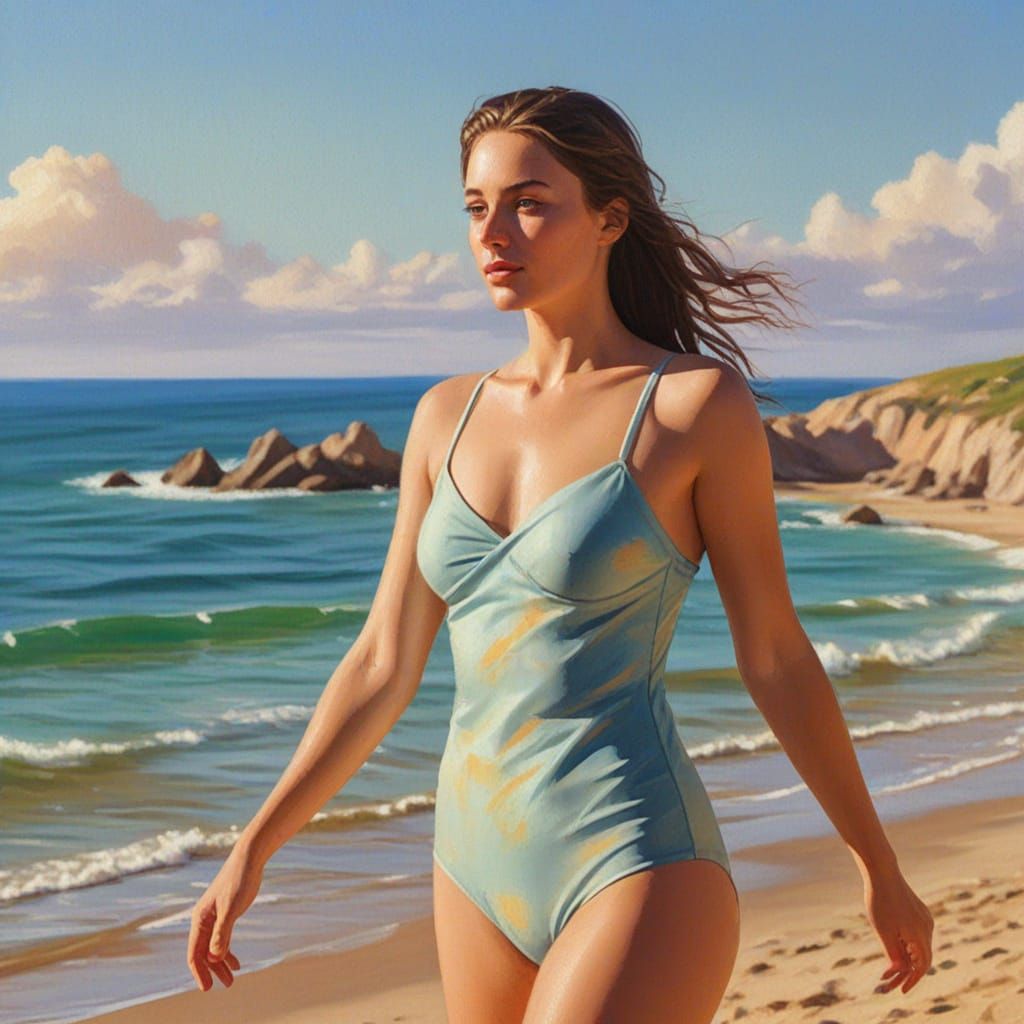 Woman Sunbathing on Beach as Impressionist Oil Painting