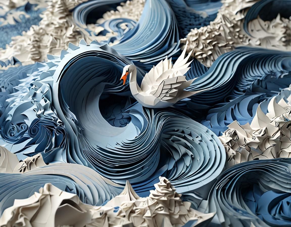 rule of thirds, a (blue paper origami river folded to look l...