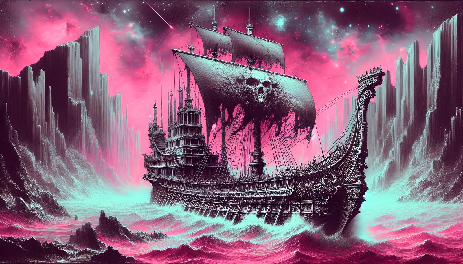 Roman Galley on Vermilion Seas: Synthwave Charcoal Drawing