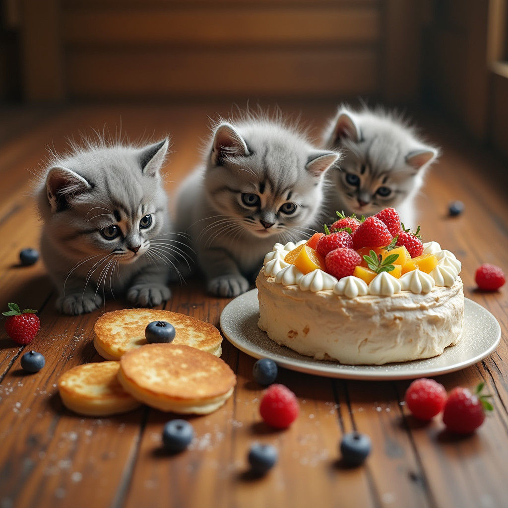Kittens Discover Pancake Feast: Hyper-Realistic Concept Art