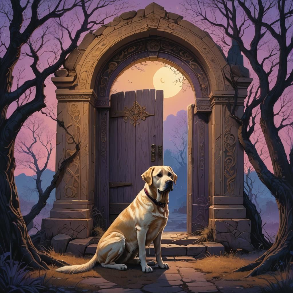 Labrador Retriever and Mystical Doorway in Digital Art Style
