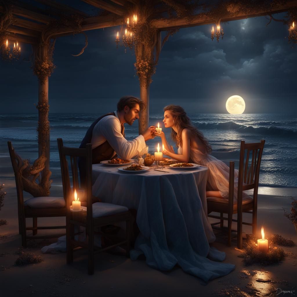 Romantic Candlelit Dinner on a Beach, Hyperdetailed Art
