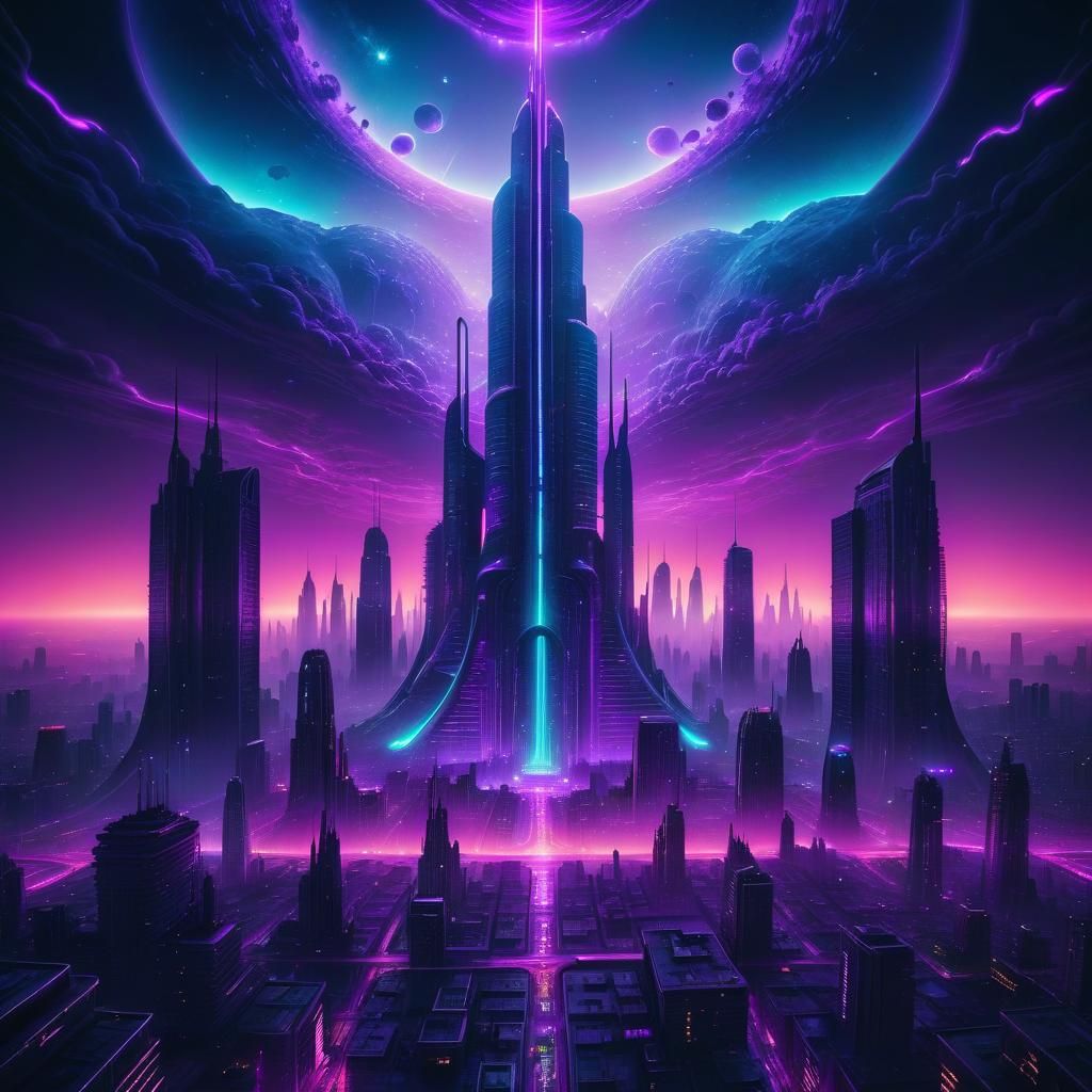 Cosmic Futuristic Metropolis in Purple Hues