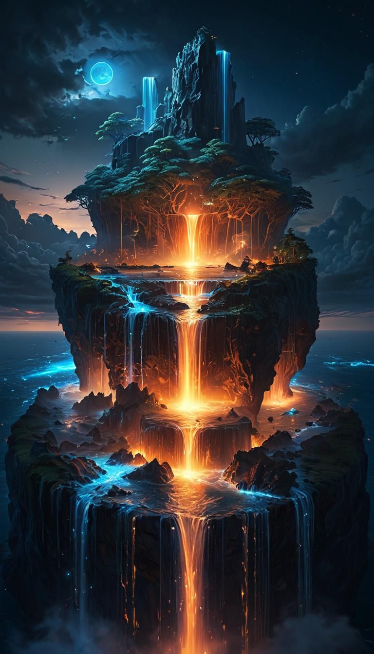 Floating Island with Bioluminescent Waterfalls