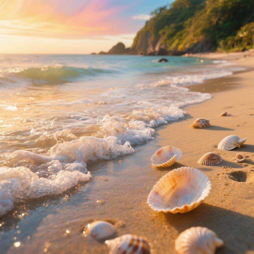 Tranquil Beach Scene with Golden Light and Gentle Waves