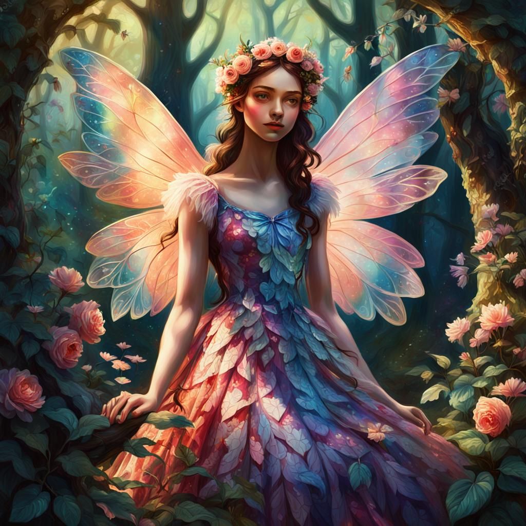 Teenage Fairy in Whimsical Forest, Vibrant Oil Painting