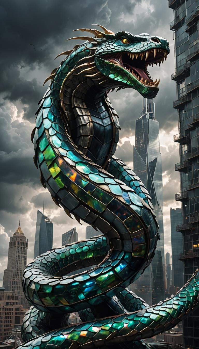 Giant Iridescent Serpent Ensnaring Skyscraper: Hyperrealisti...