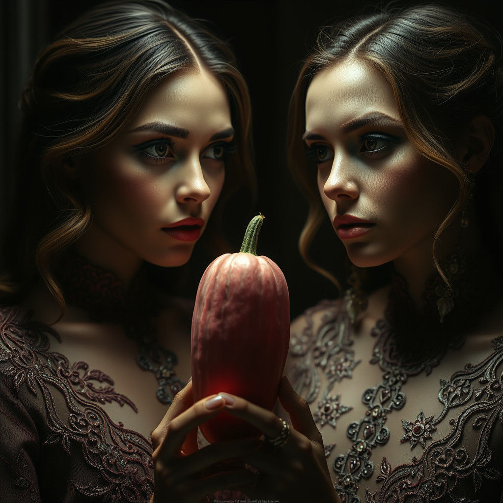 Women Admire Pink Cucumber in Hyper-Realistic Style