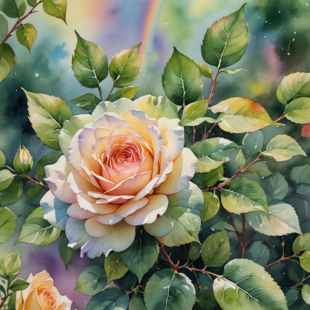 Rainbow Rose in Watercolor Gouache Garden