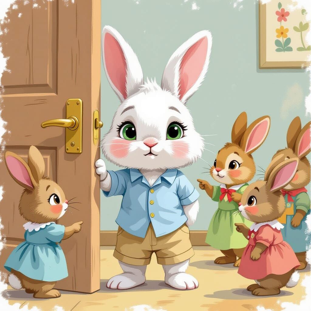 Sad Bunny Behind Classroom Door in Storybook Style