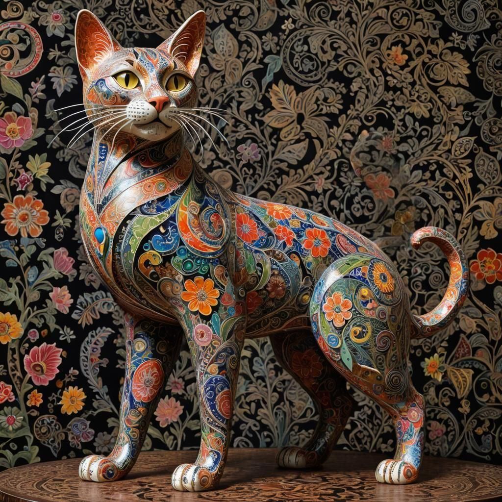 Elaborate Paper Mache Cat Folk Art Sculpture