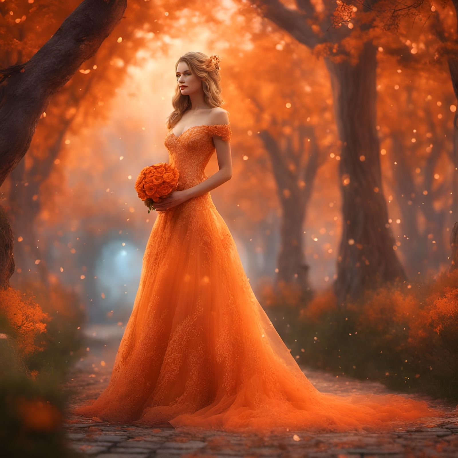 Woman in Orange Wedding Dress: 3D Ethereal Fantasy