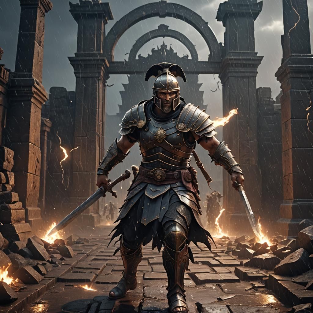Gladiator at Hell's Gate in Thunderstorm, 3D Render