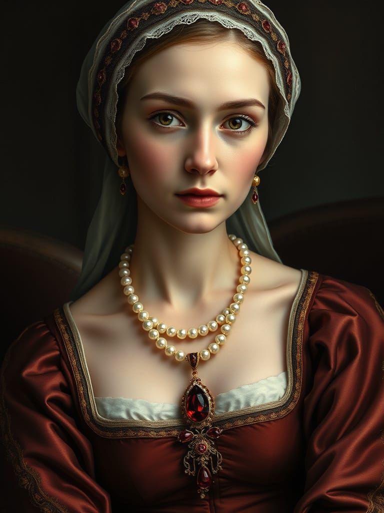 Hyper-Realistic Tudor Woman in Opulent Gown with Gold Accent...