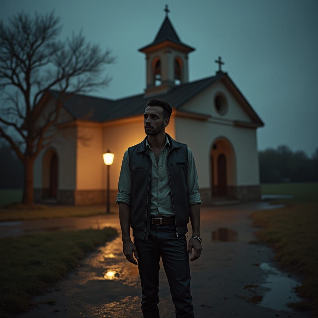 Man in Leather Vest Outside Abandoned Church in Rain