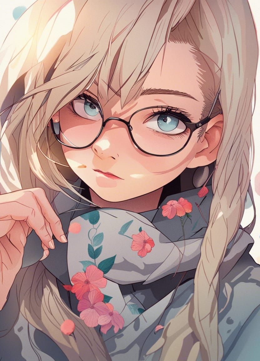 Anime Style Portrait of a Blonde Woman with Flowers