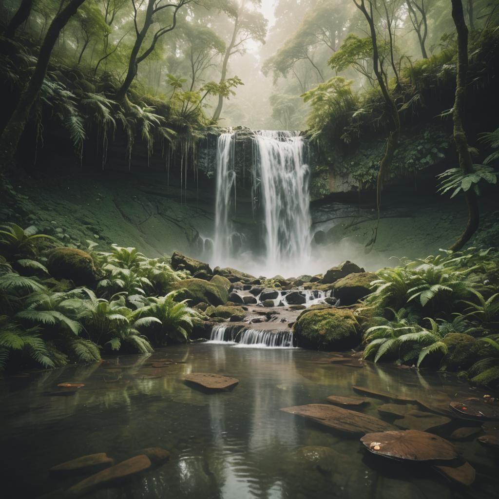 Ethereal Waterfall Landscape with Hidden Wildlife