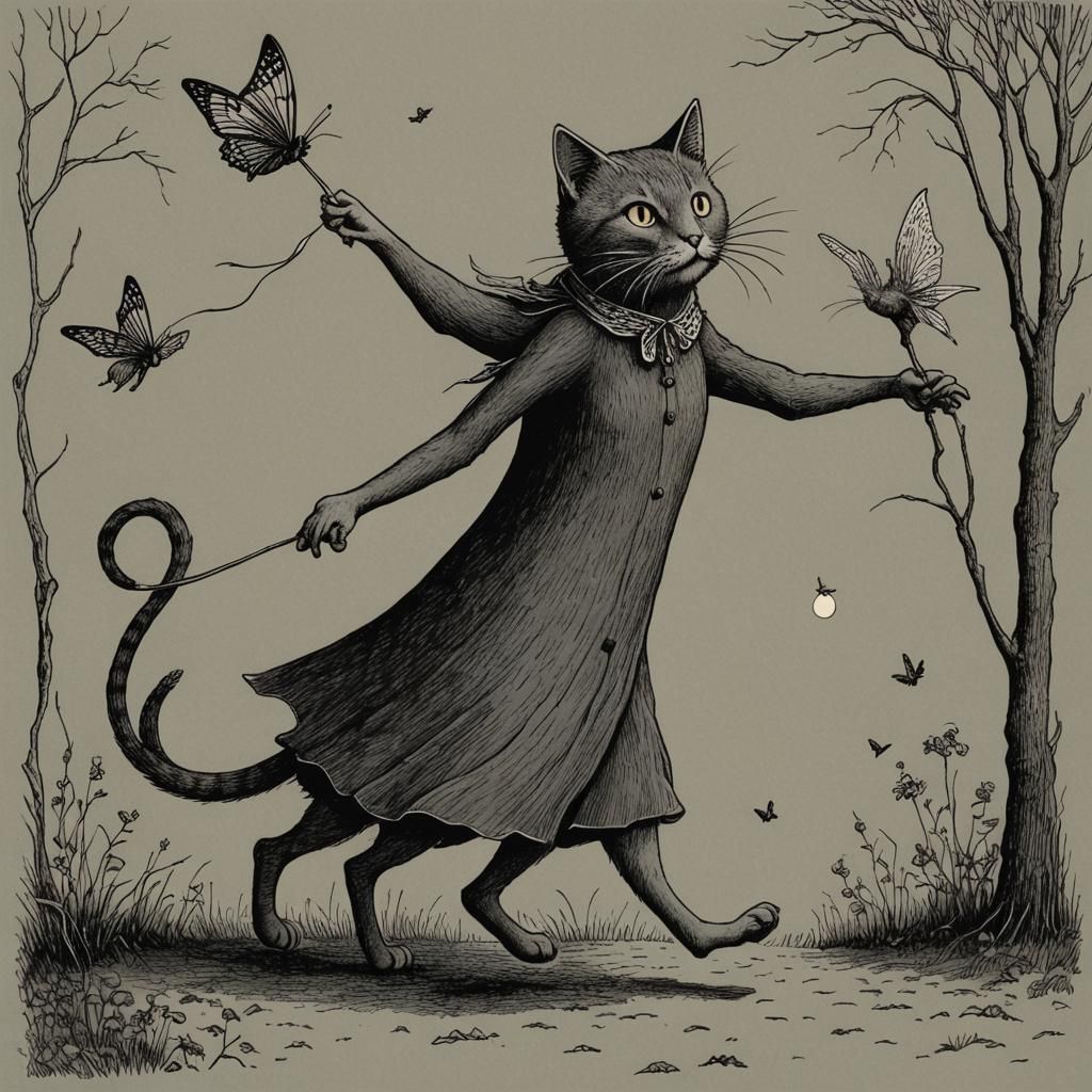 Cat Chasing Fairy in Gothic Illustration Style