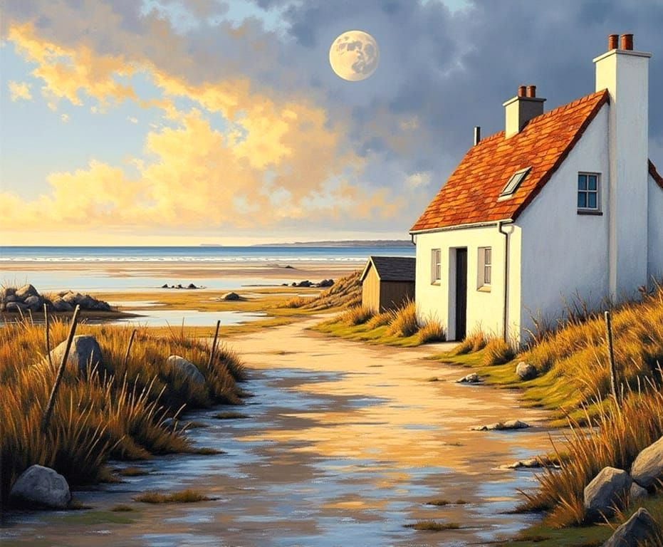 Impressionist Irish Cottage Under Early Evening Moonlight