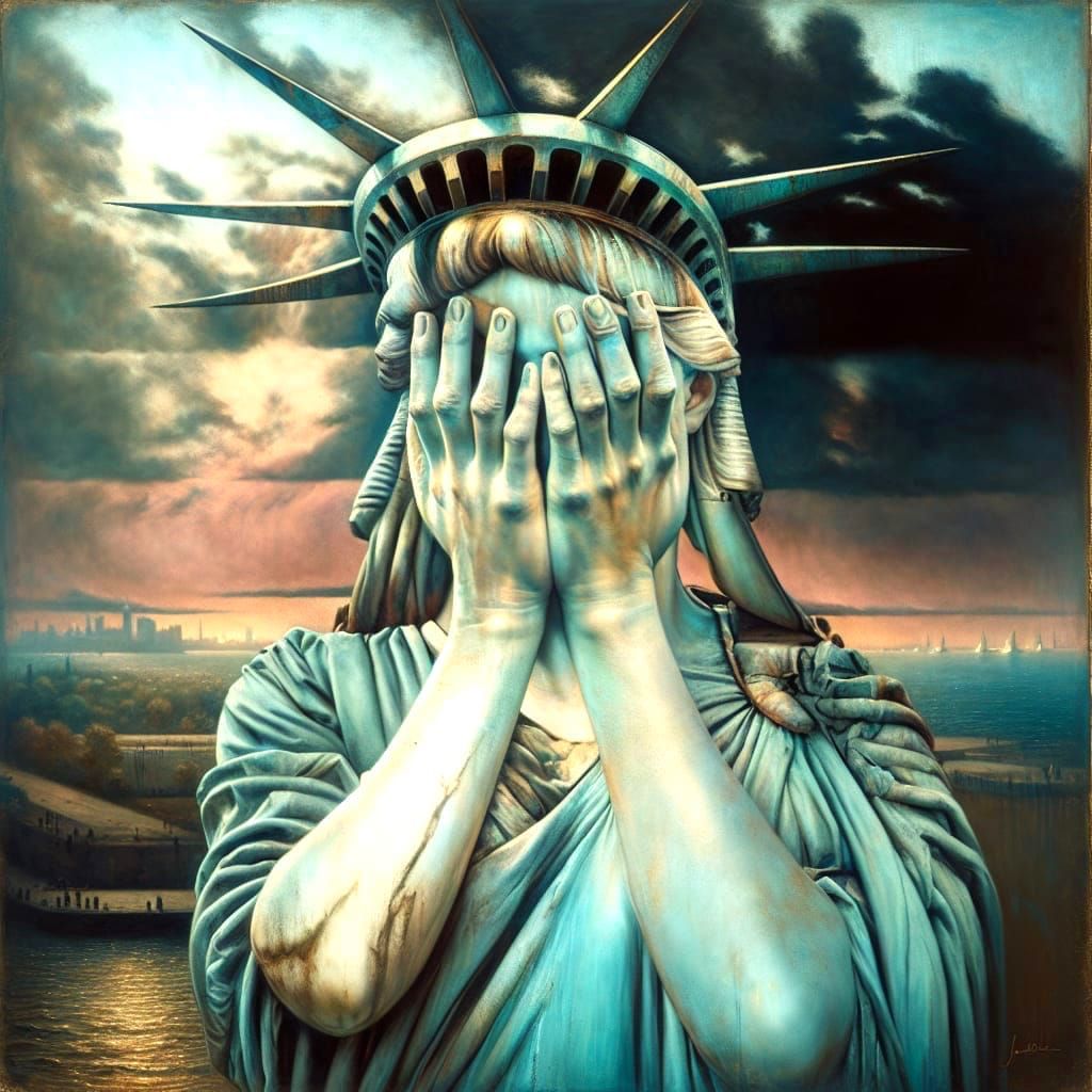 Liberty Statue Expressing Despair in Gritty Realism