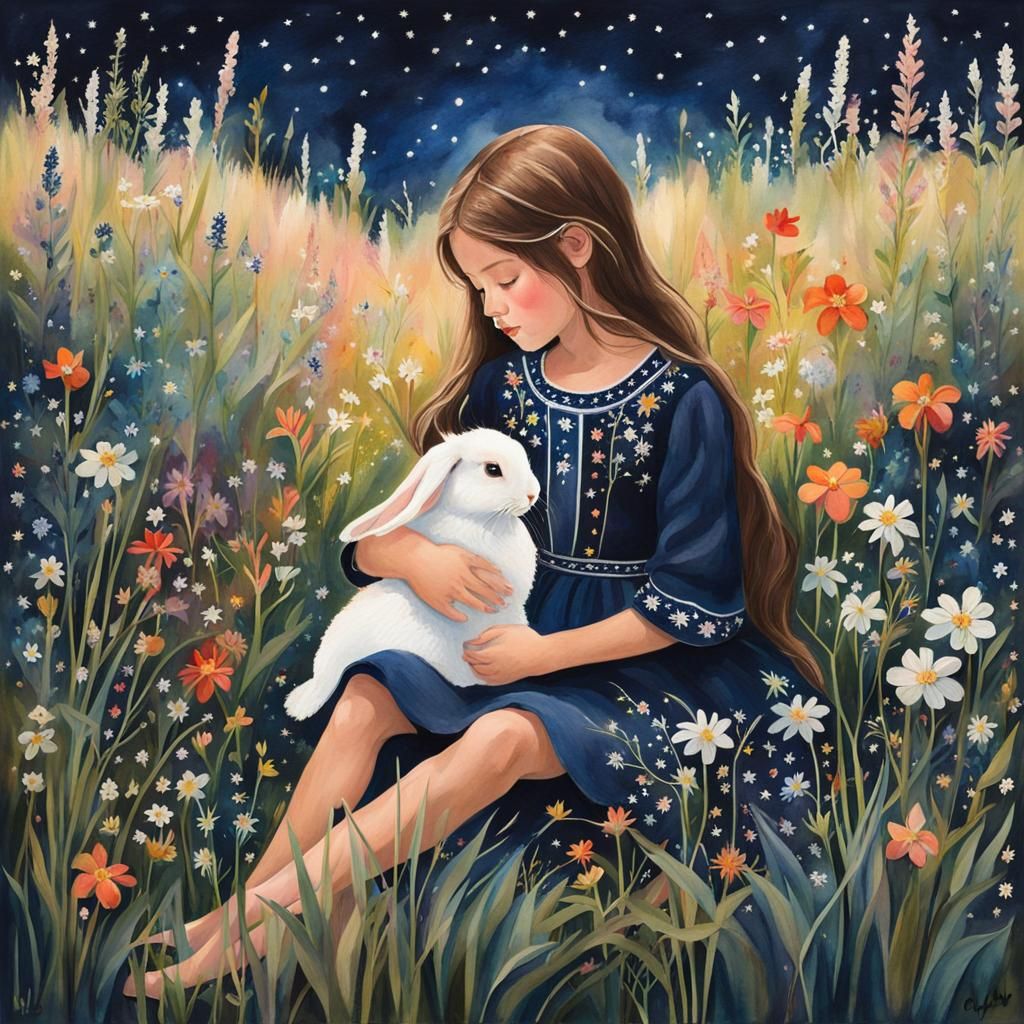 Enchanting Gouache: Girl with Rabbit in Starry Meadow