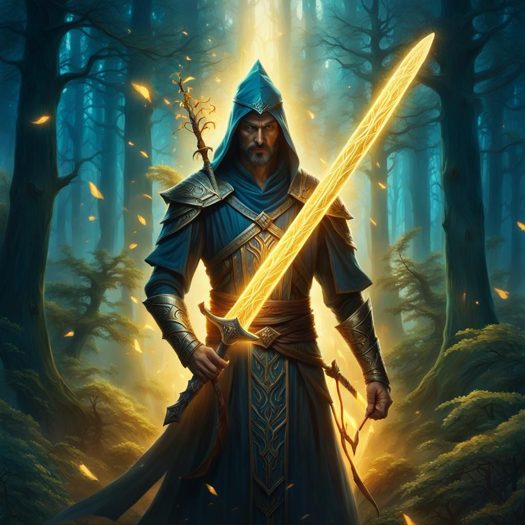 Sorcerer with Glowing Sword in Mystical Forest