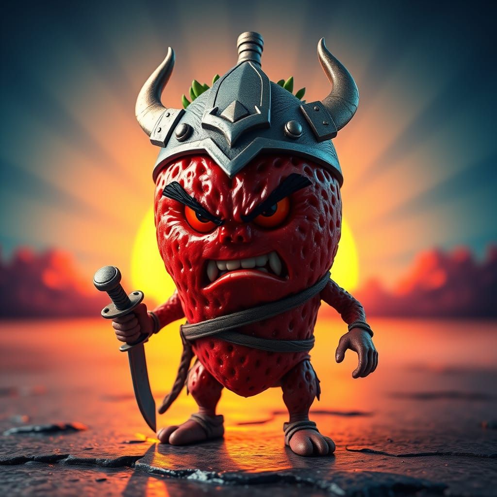Viking Strawberry Warrior in Vibrant Sunset Realm