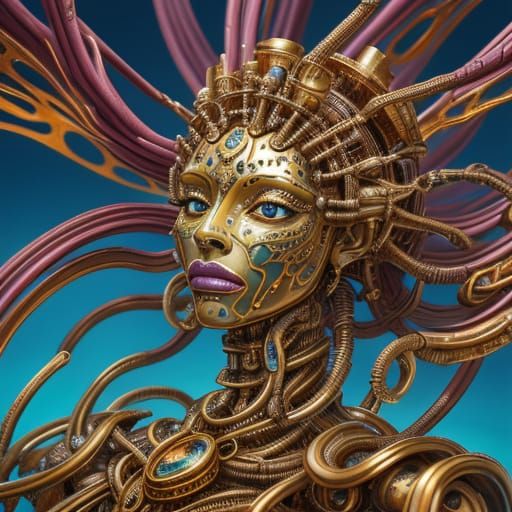 Biomechanical Nubian Queen Figurine in Surreal Landscape
