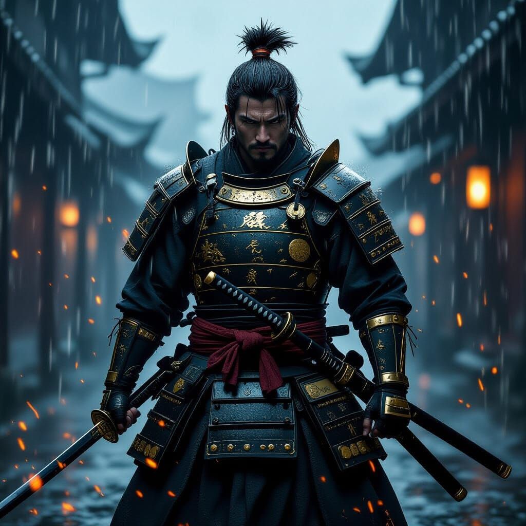 Lone Samurai Warrior in Rain, Cinematic Style