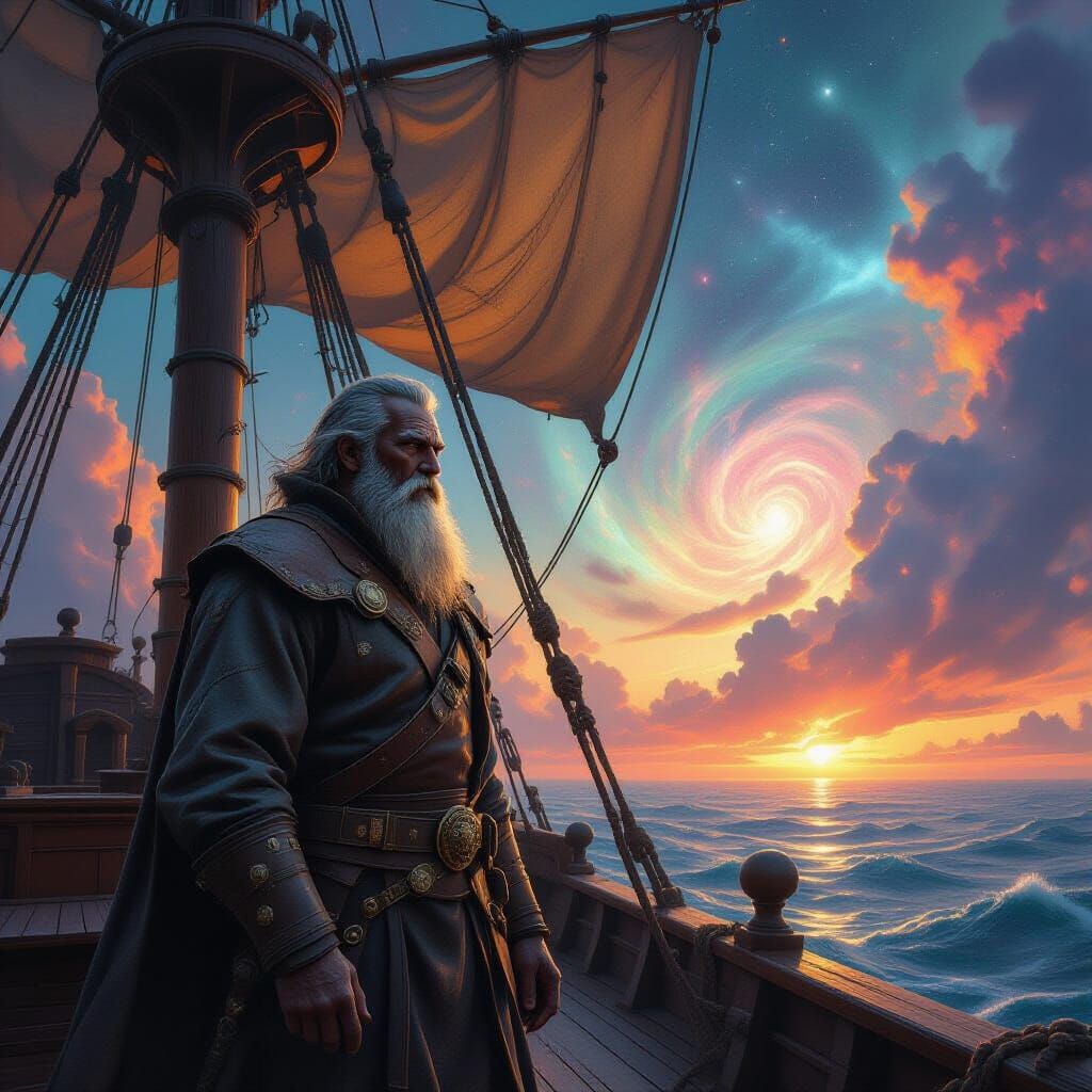 Ancient Colossal Sailor Navigates Cosmic Ship Through Nebula...