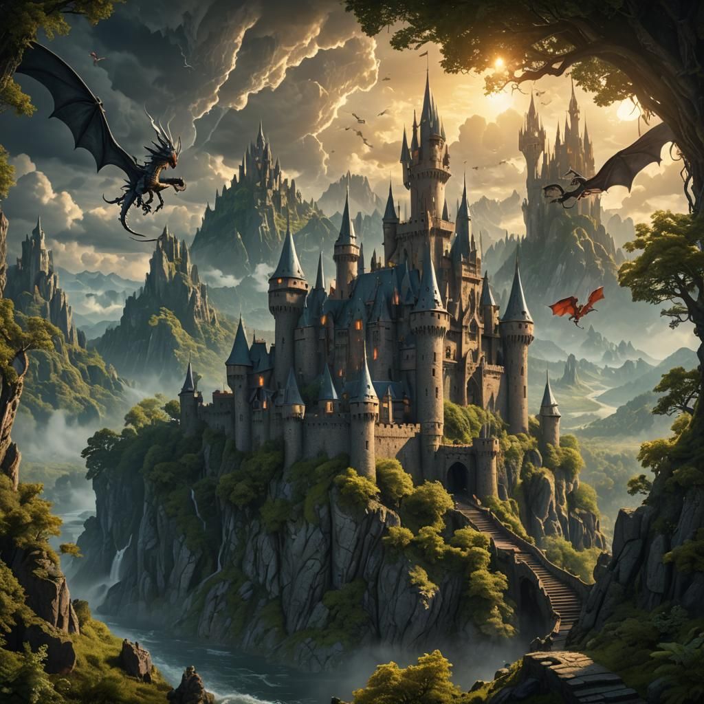 Dragons Guarding a Forest Castle in Epic Style