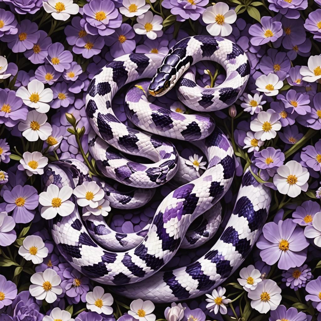 Purple and White Snake with Flowers in Fauvist Style
