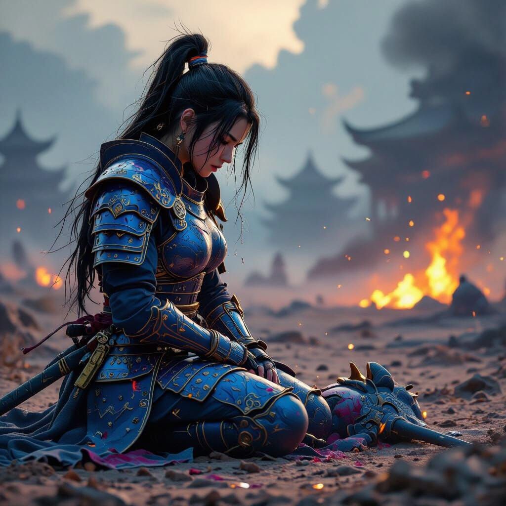 Samurai Warrior Mourns Companion in Blue Armor