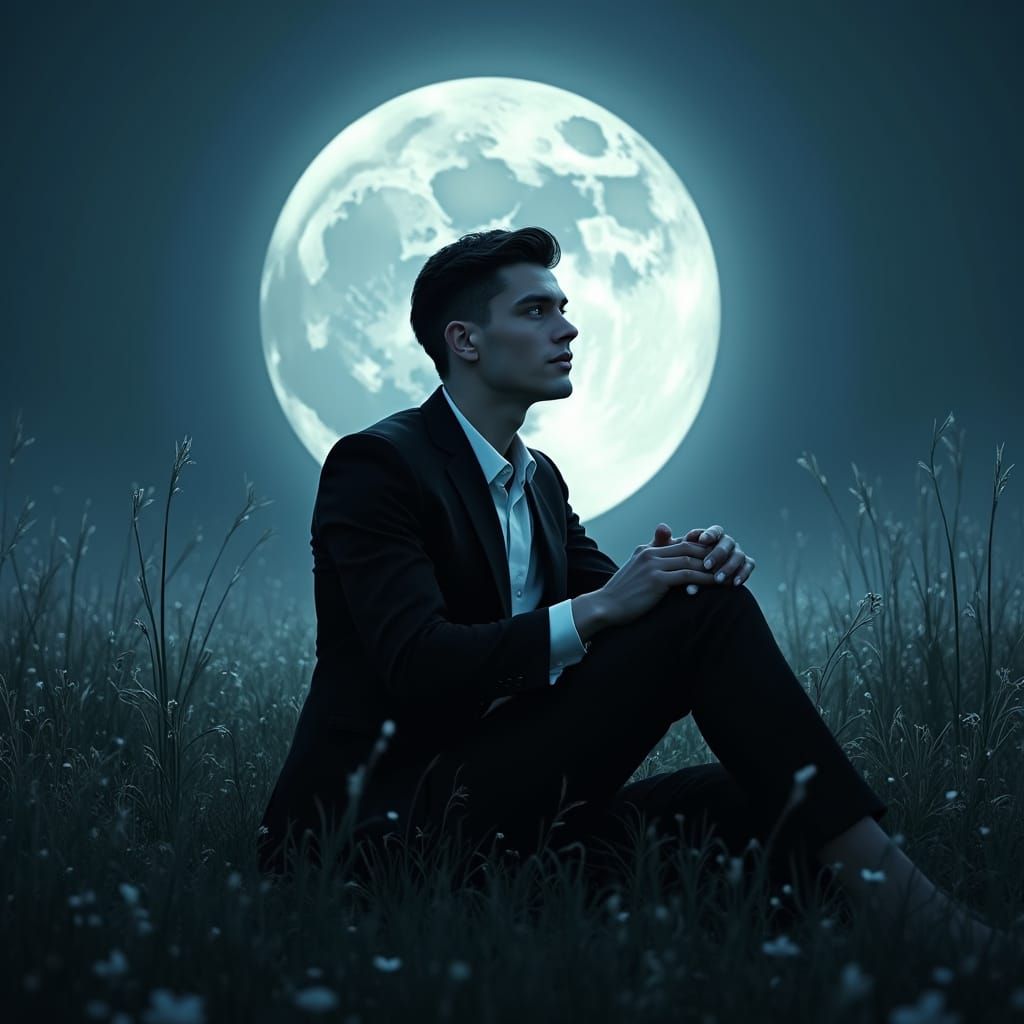 Man Gazing at Full Moon in Lush Grass