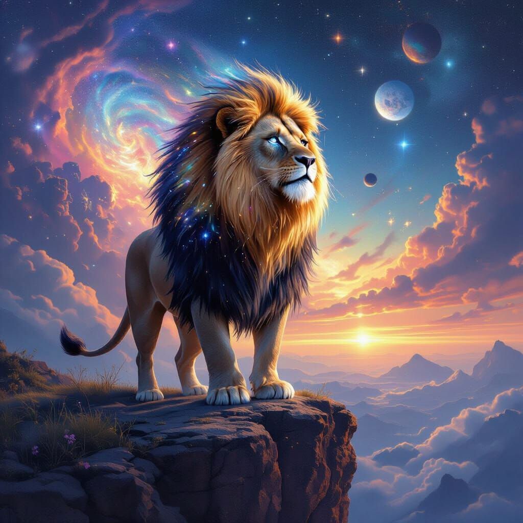 Cosmic Lion with Stardust Mane Overlooking Galaxy