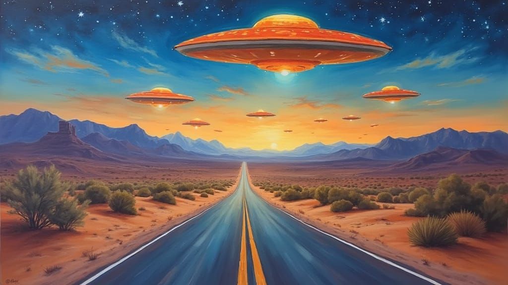 UFOs Over Desert Highway in Gouache Style