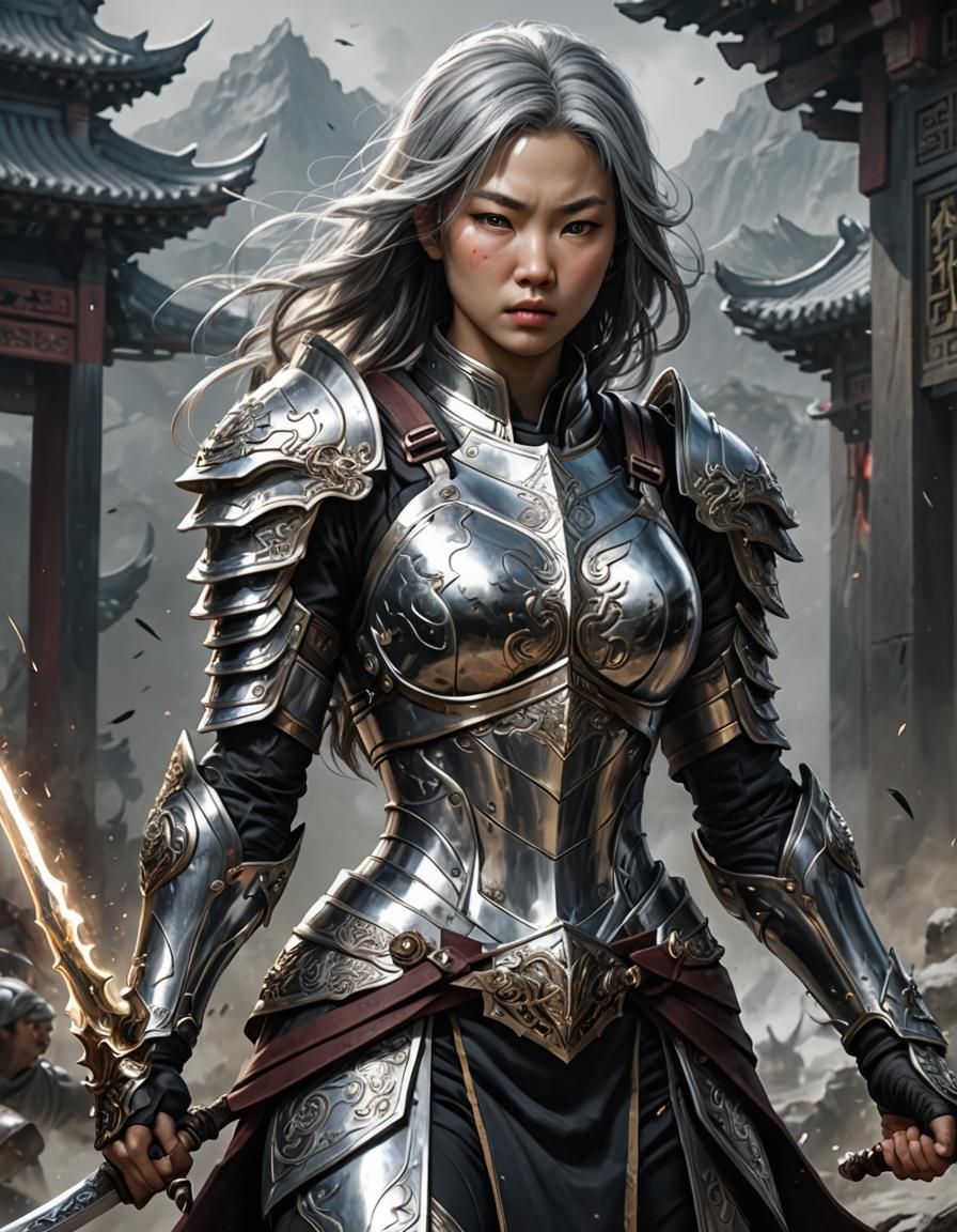 Female Asian warrior wearing intricate oriental body armor, ...