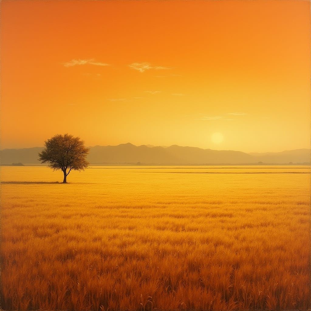 Golden Wheat Fields Under Vibrant Sunset with Foggy Mountain...