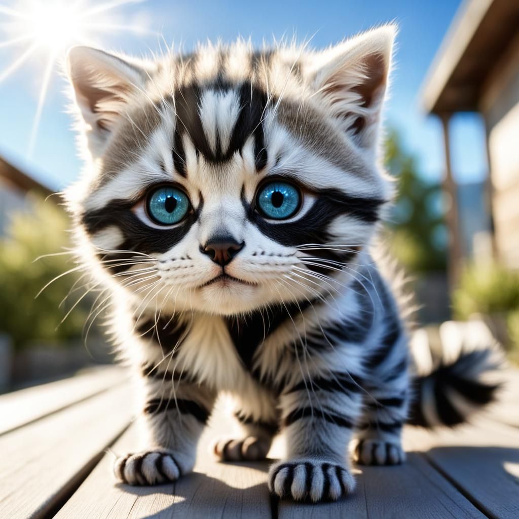 Adorable Kitten with Raccoon Mask in Sunlight