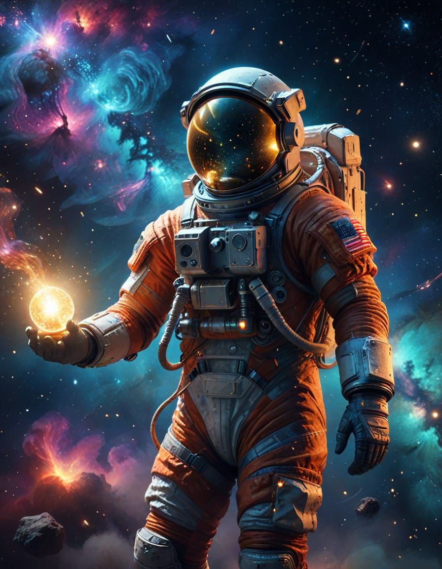 Astronaut with Lantern in Vibrant Nebula