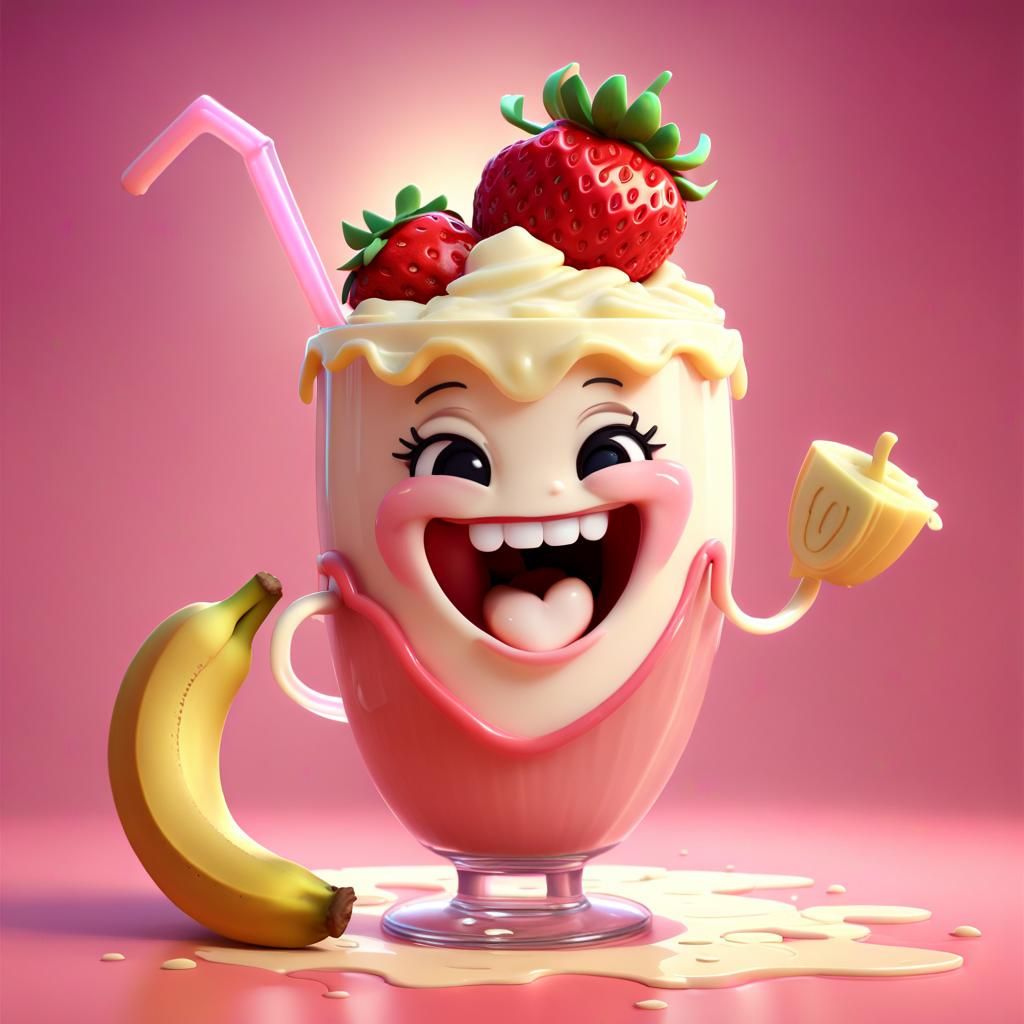 Cute Chibi Strawberry and Banana Milkshake, 3D Animation