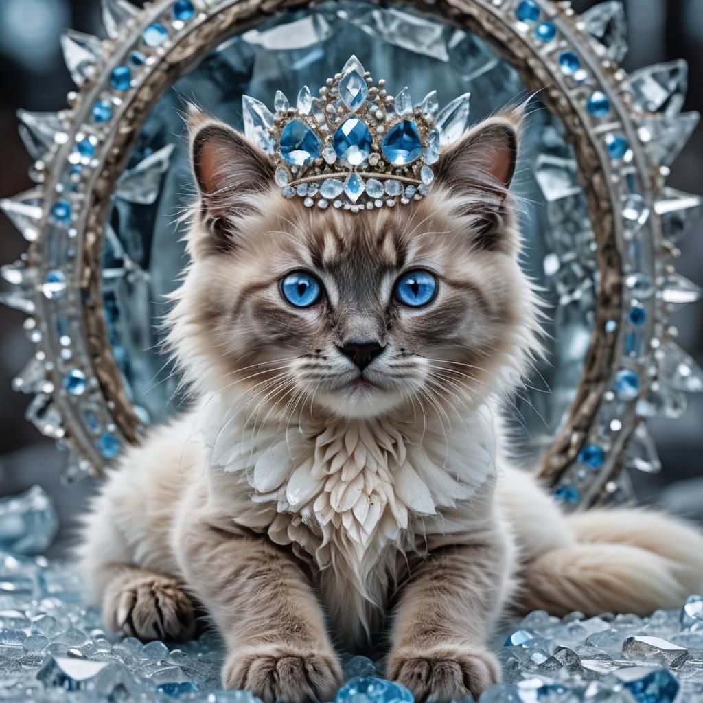 Ragdoll Kitten in Indian Headdress on Blue Ice