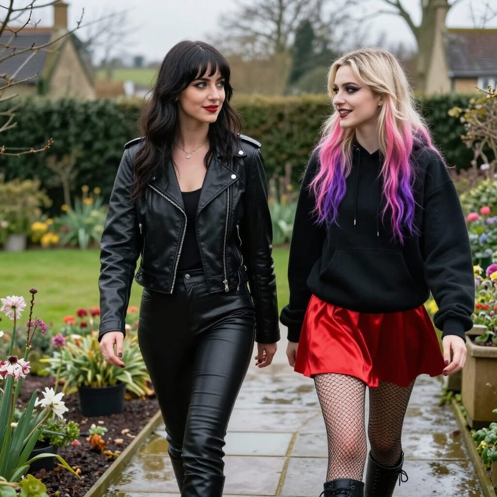 Women Chatting in English Garden Overlook