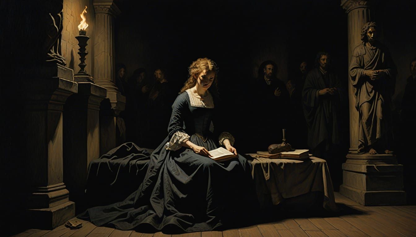 Mysterious Woman on Ancient Stone, Surrounded by Shadowy Fig...