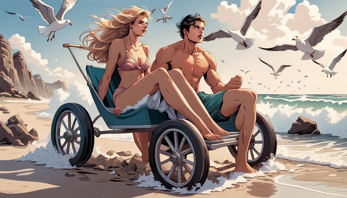 Couple's Beach Ride in Comic Book Style