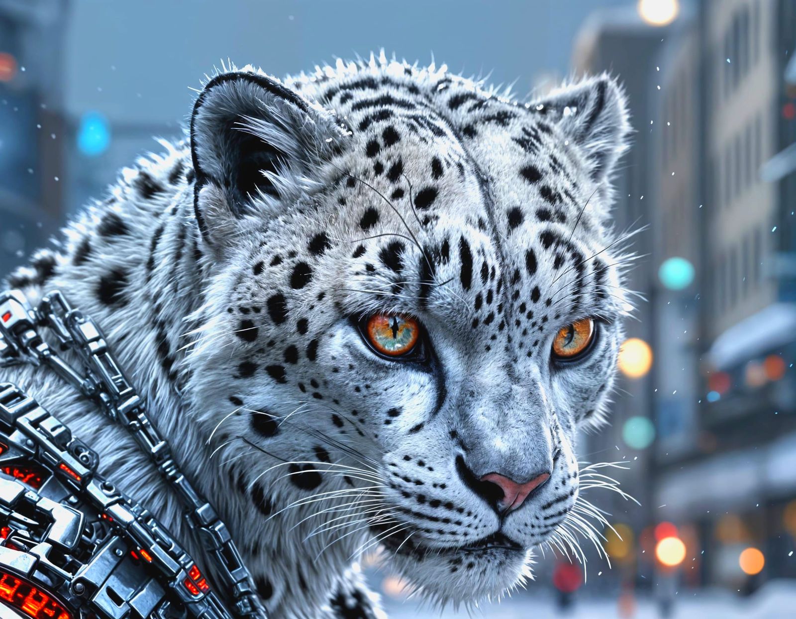 Photorealistic Snow Leopard Cyborg in Snowy City