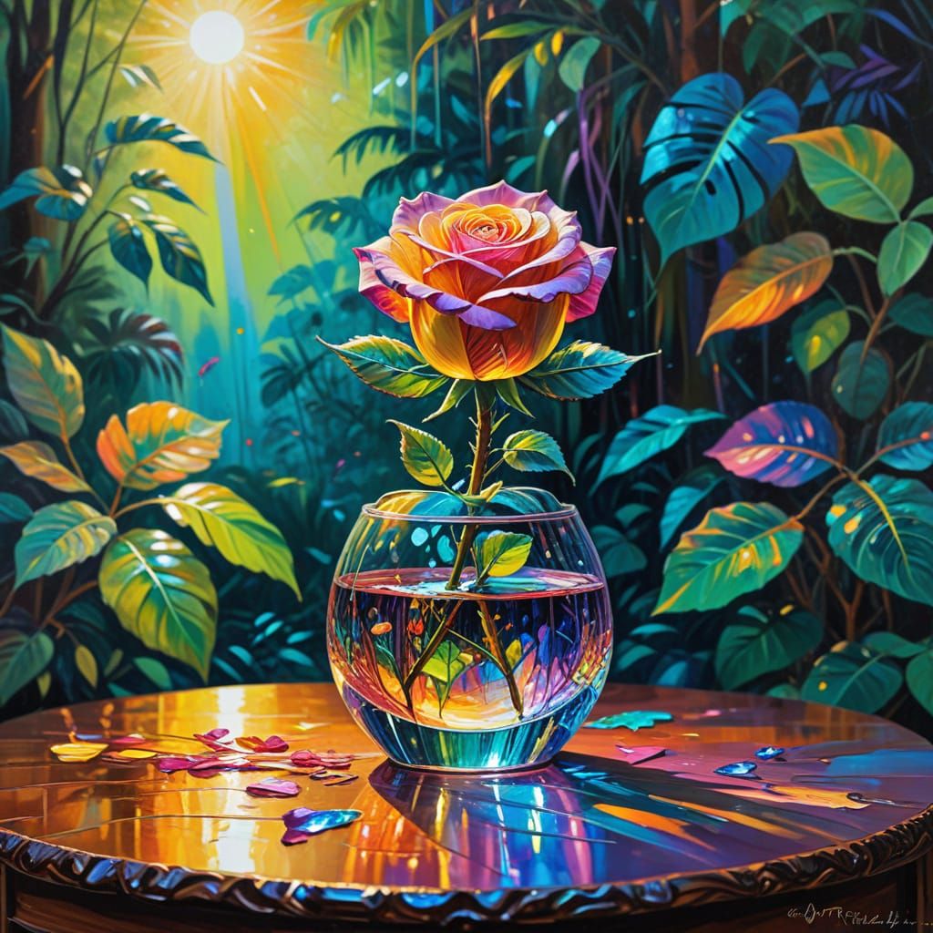 Glass Rose in Jungle, Neo-Impressionist Oil Painting