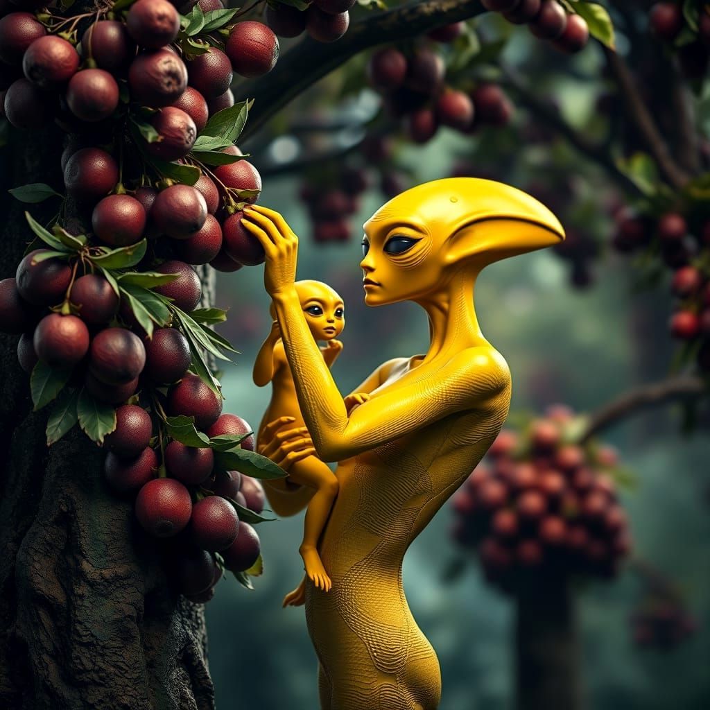 Alien Mother and Child in a Vibrant, Photorealistic Landscap...
