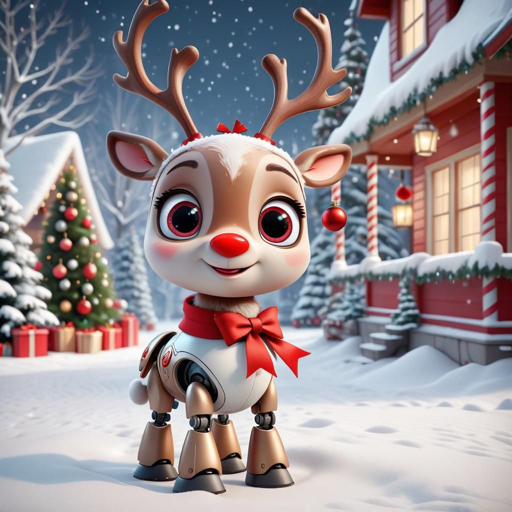 Disney Pixar style 3D character adorable robot reindeer, with big expressive eyes, wearing a big red bow and jingle bell...